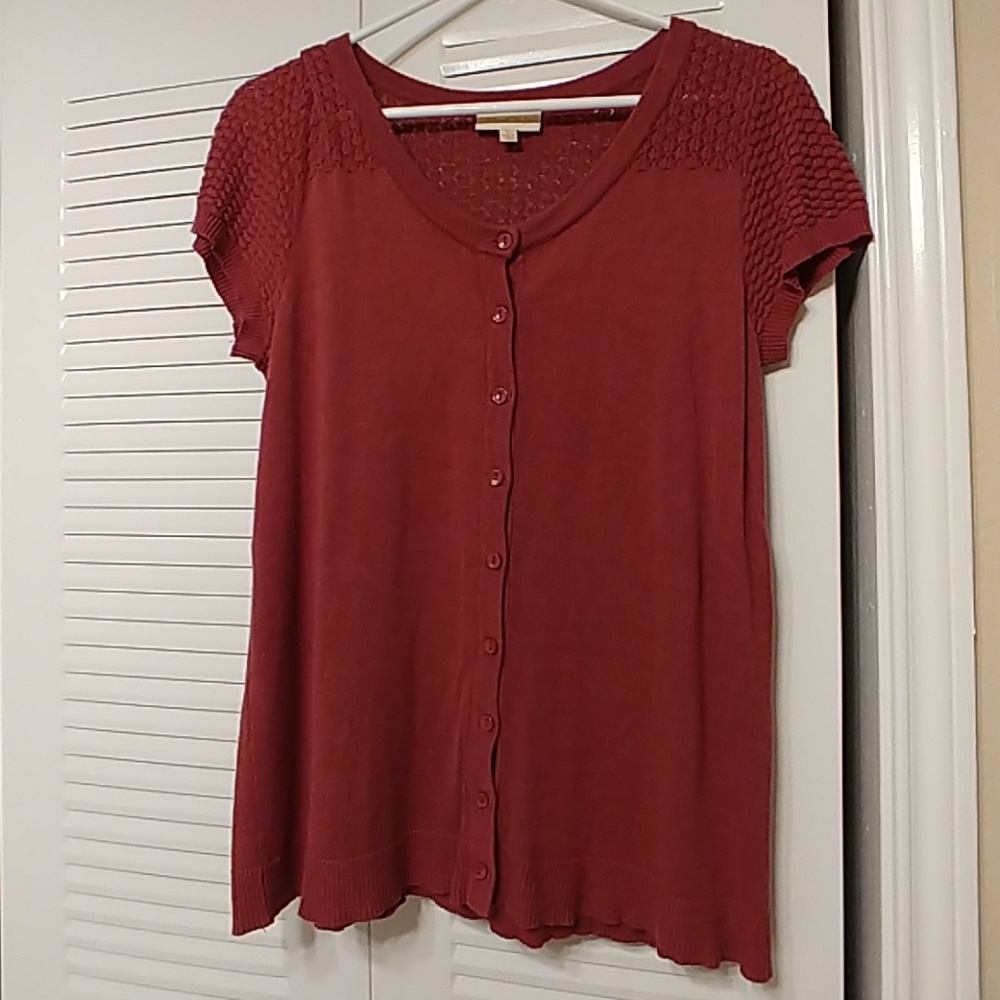 Brick Red Knit Short-Sleeve Cardigan